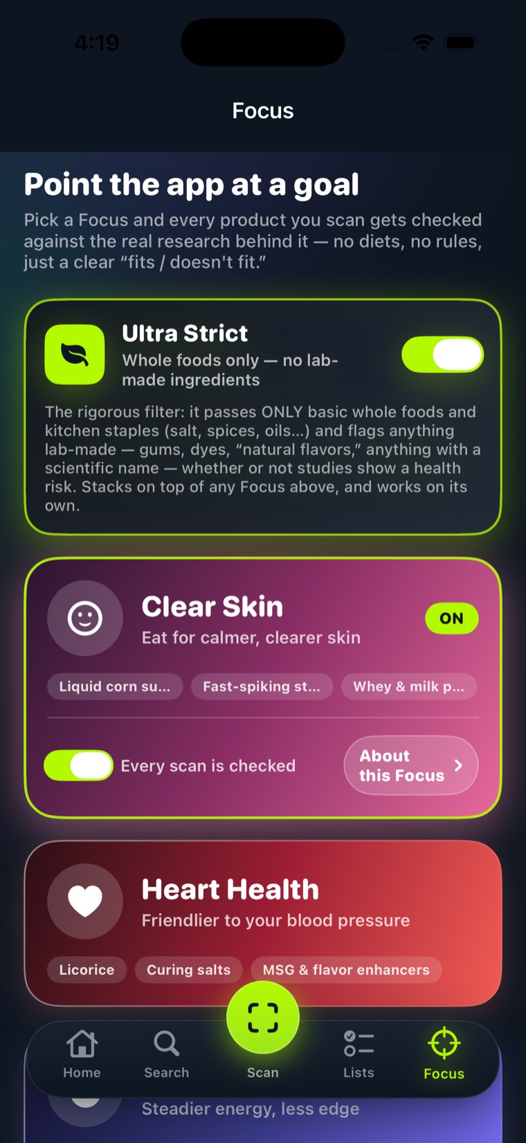 Everlume Focus tab with Ultra Strict and Clear Skin active