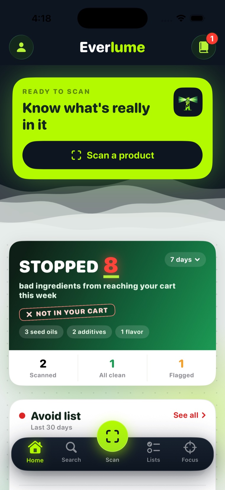 Everlume home screen — Ready to Scan card and weekly insights