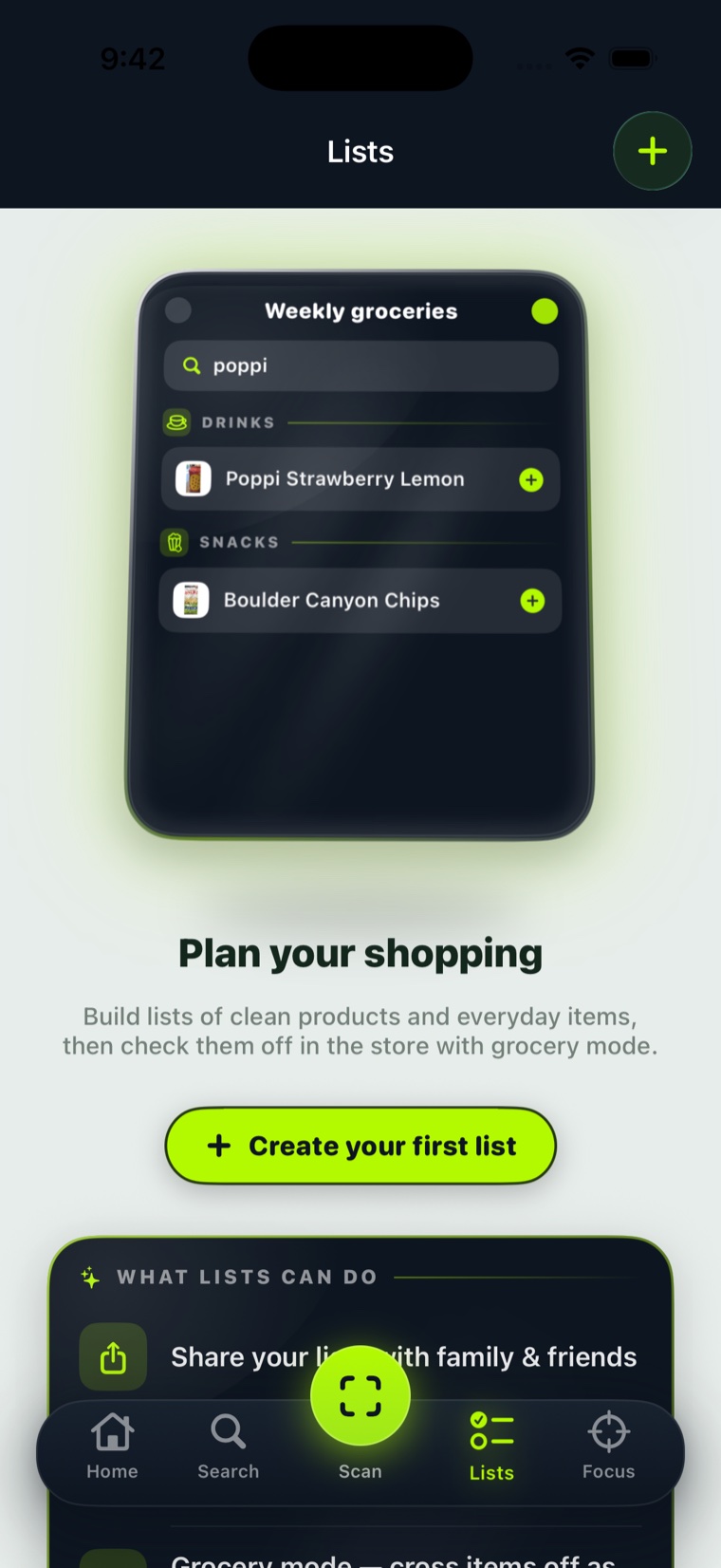 Everlume Lists tab — plan your shopping with aisle-organized lists