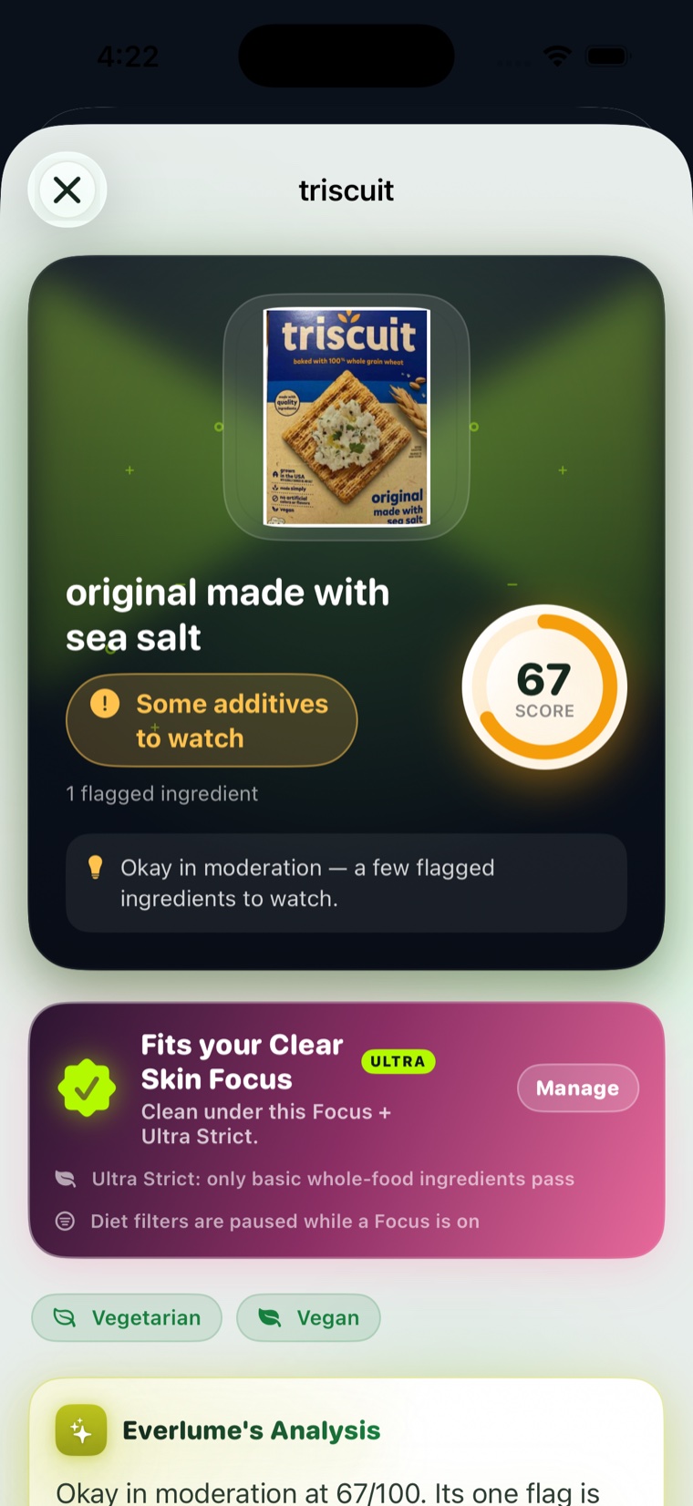 Everlume product page with score ring and Focus verdict