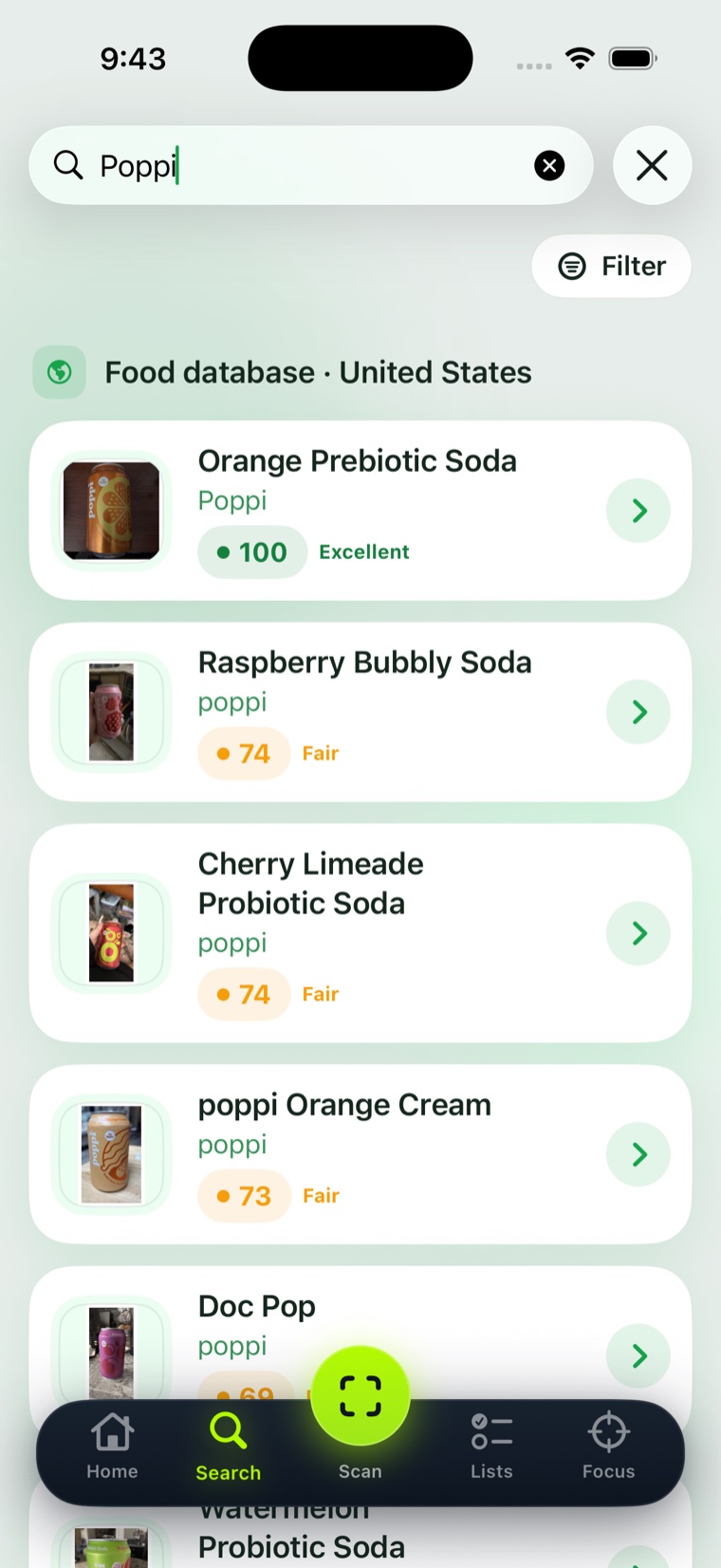 Everlume search results — Poppi sodas with real scores